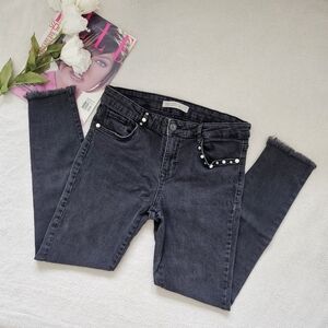 Zara Studded Pearl Pocket Skinny Jeans Dark Gray Size 8